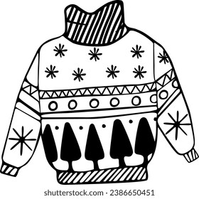 sweater black and white christmas doodle minimalism cute design clothes, hand drawn, single