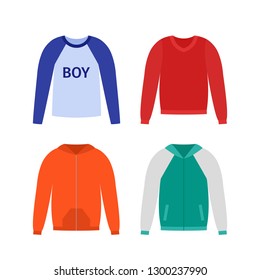 Sweater for boy. Vector. Baby jumper. Kid pullover, hoodie isolated on white. Clothes icons. Cartoon illustration. Casual children model. Clothing set, flat design. Apparel sketch. Garment silhouette.