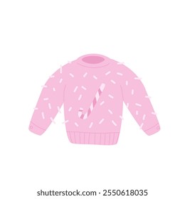 Sweater with candy cane isolated on white background. Knitted pullover with Christmas holiday decor. Vector hand drawn flat illustration