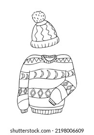 Sweater and cap with pompom vector illustration in doodle style. 