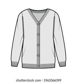 Sweater cardigan technical fashion illustration with V- neck, long sleeves, oversized, fingertip length, knit rib trim. Flat apparel front, grey color style. Women, men unisex CAD mockup