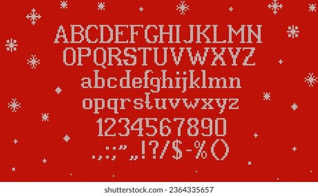 Sweater Christmas font or type. Holiday typeface, knit alphabet. English letters complete vector typeset or ABC punctuation symbols, digits with wool jumper fabric texture, Christmas sweater pattern