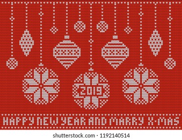 sweater Christmas party invite. Vector illustration Handmade knitted background pattern with  snowflakes, scandinavian ornaments.