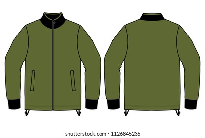 Sweater Coat Olive Green-Black Vector on White Background.Front and Back View.