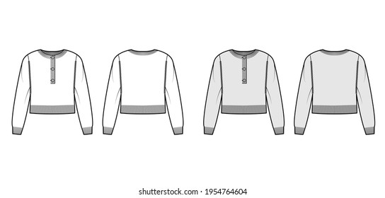 Sweater cropped henley neck technical fashion illustration with long sleeves, relax fit, rib knit trim. Flat jumper garment apparel front, back, white grey color style. Women, men, unisex CAD mockup