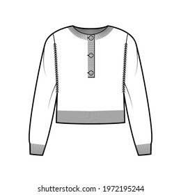 Sweater cropped henley neck technical fashion illustration with long sleeves, relax fit, waist length, rib knit trim. Flat jumper garment apparel front, white color style. Women, men unisex CAD mockup