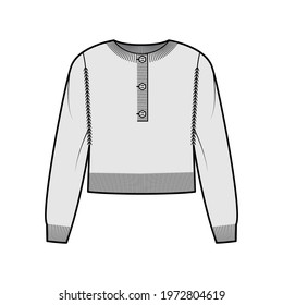 Sweater cropped henley neck technical fashion illustration with long sleeves, relax fit, waist length, rib knit trim. Flat jumper garment apparel front, grey color style. Women, men, unisex CAD mockup