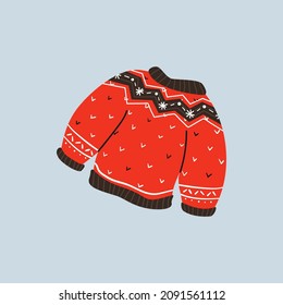 Sweater. Cute red winter sweater in flat style. Doodle, hand-drawn illustration. Clipart. The object is isolated.