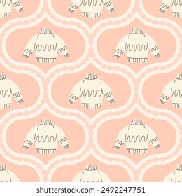 Sweater damask seamless pattern. Pink arch repeat background. Casual pullover retro endless design. Vector hand drawn flat illustration.