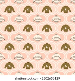 Sweater damask seamless pattern. Warm cozy clothes arch repeat background. Casual pullover retro endless design. Vector hand drawn illustration.