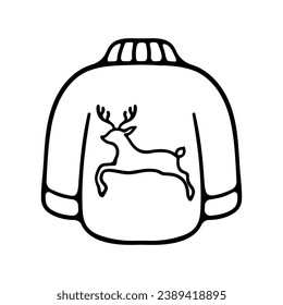 Sweater with deer icon. Insulation, clothing, snow, cold. New Year, Christmas, holiday, gift, Santa, celebration, January 1, winter.