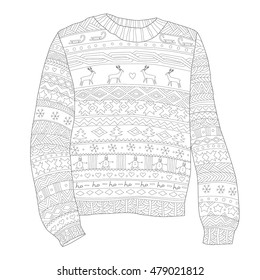 sweater with deer, Page antistress coloring, coloring for adults, Outline vector illustration, print on t-shirt