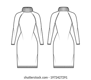 Sweater dress Exaggerated Turtleneck technical fashion illustration with long raglan sleeves, slim fit, knee length, knit rib trim. Flat apparel front, back, white color style. Women, men CAD mockup