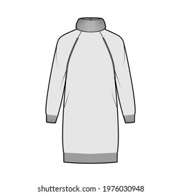 Sweater dress Exaggerated Turtleneck technical fashion illustration with long raglan sleeves, relax fit, knee length, knit rib trim. Flat apparel front, grey color style. Women, men unisex CAD mockup
