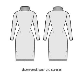 Sweater dress Exaggerated Turtleneck technical fashion illustration with long sleeves, slim fit, knee length, knit rib trim. Flat apparel front, back, grey color style. Women, men unisex CAD mockup