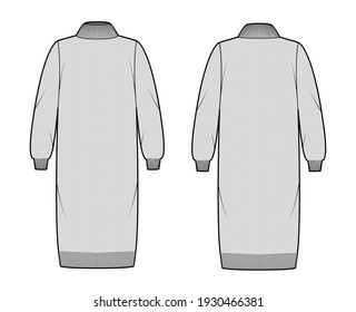Sweater dress technical fashion illustration with knit rib turtleneck, long sleeves, oversized, knee length, knitted pattern texture. Flat apparel front, back, grey color style. Women, men CAD mockup
