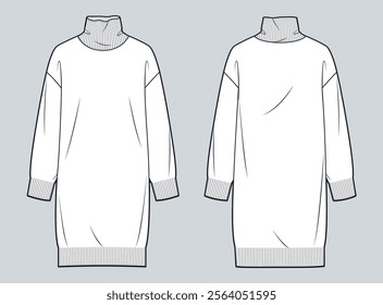 Sweater Dress technical fashion illustration. Roll Neck knit Dress fashion flat technical drawing template, long sleeve, relaxed fit, front and back view, white, women CAD mockup.