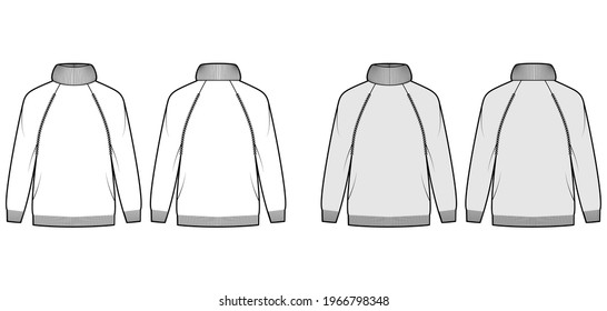 Sweater Exaggerated Turtleneck technical fashion illustration with long raglan sleeves, oversized, hip length, knit rib trim. Flat apparel front, back, white grey color. Women, men unisex CAD mockup