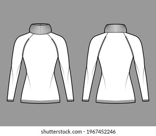Sweater Exaggerated Turtleneck technical fashion illustration with long raglan sleeves, slim fit, hip length, knit rib trim. Flat apparel front, back, white color style. Women, men unisex CAD mockup