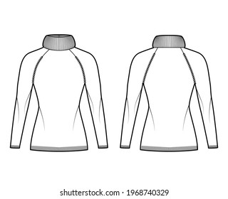 Sweater Exaggerated Turtleneck technical fashion illustration with long raglan sleeves, slim fit, hip length, knit rib trim. Flat apparel front, back, white color style. Women, men unisex CAD mockup
