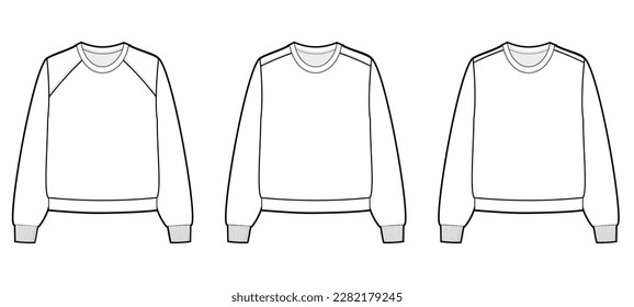 Sweater flat illustrations with 3 styles variations, White Casual Long Sleeves, Plain Pullovers, knitted sweaters, sweatshirt tops, fashion flats templates, front and back designs, unisex, CAD mockup.