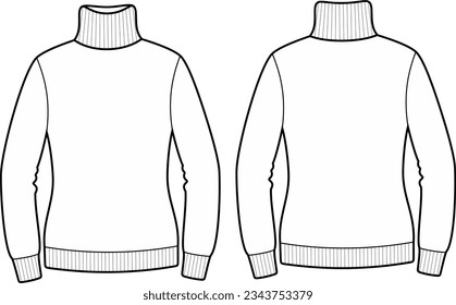 Sweater flat sketch. Knitted jumper apparel design. Front and back. Women CAD mockup. Fashion technical drawing template. Vector illustration.
