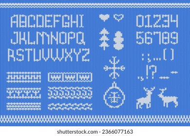 Sweater font. Crocheted sweaters letters knitting font, ugly folk christmas jumper embroidery design norway xmas party, crochet wool pattern vector illustration of sweater crochet design pattern