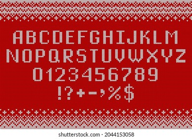 Sweater font. Knitted letters, numbers and symbols for Christmas, New Year or winter season. Alphabet and ornaments on red knit background. Typeface vector design.