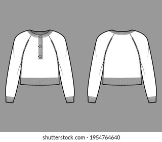 Sweater henley neck cropped technical fashion illustration with long raglan sleeves, waist length, rib knit trim. Flat jumper garment apparel front, back, white color style. Women, unisex CAD mockup