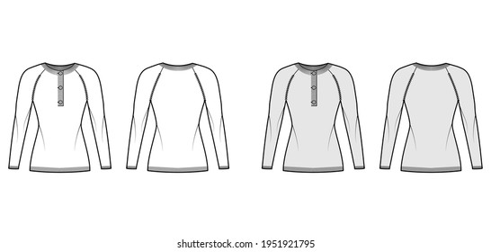 Sweater henley neck technical fashion illustration with long raglan sleeves, slim fit, hip length, rib knit trim. Flat jumper garment apparel front, back, white grey color style. Women, men CAD mockup