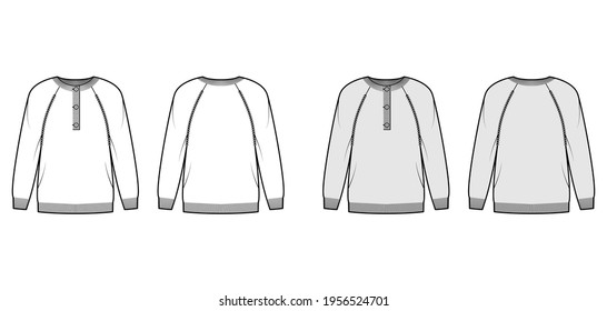 Sweater henley neck technical fashion illustration with rib crew collar, long raglan sleeves, oversized, knit cuff trim. Flat apparel front, back, white grey color style. Women, men CAD mockup