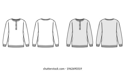 Sweater henley neck technical fashion illustration with rib crew collar, long sleeves, oversized, fingertip length, knit cuff trim. Flat apparel front, back, white grey color. Women, men CAD mockup