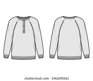 Sweater henley neck technical fashion illustration with rib crew collar, long raglan sleeves, oversized, fingertip length, cuff trim. Flat apparel front, back, grey color style. Women, men CAD mockup