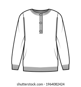 Sweater henley neck technical fashion illustration with rib crew collar, long sleeves, oversized, fingertip length, knit cuff trim. Flat apparel front, white color style. Women, men CAD mockup