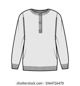 Sweater henley neck technical fashion illustration with rib crew collar, long sleeves, oversized, fingertip length, knit cuff trim. Flat apparel front, grey color style. Women, men CAD mockup
