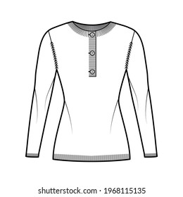 Sweater henley neck technical fashion illustration with long sleeves, slim fit, hip length, rib knit trim. Flat jumper garment apparel front, white color style. Women, men, unisex CAD mockup