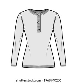 Sweater henley neck technical fashion illustration with long sleeves, slim fit, hip length, rib knit trim. Flat jumper garment apparel front, grey color style. Women, men, unisex CAD mockup