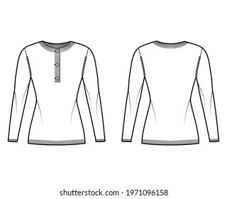 Sweater henley neck technical fashion illustration with long sleeves, slim fit, hip length, rib knit trim. Flat jumper garment apparel front, back, white color style. Women, men, unisex CAD mockup