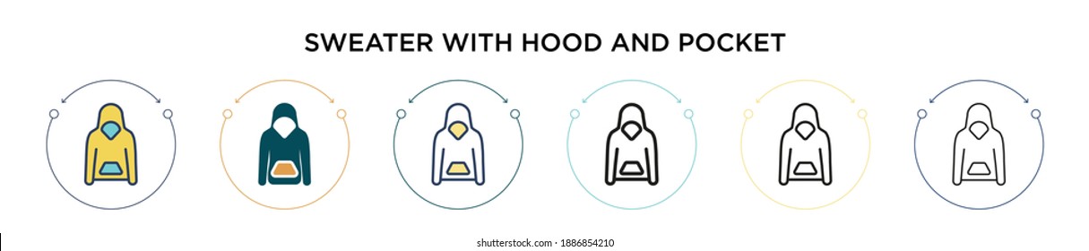 Sweater with hood and pocket icon in filled, thin line, outline and stroke style. Vector illustration of two colored and black sweater with hood and pocket vector icons designs can be used for