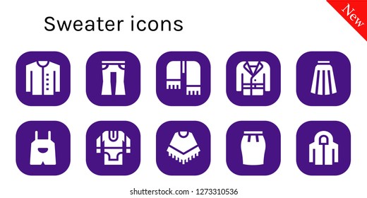  sweater icon set. 10 filled sweater icons. Simple modern icons about  - Cardigan, Jeans, Scarf, Coat, Skirt, Overall, Tunic, Poncho, Hoodie