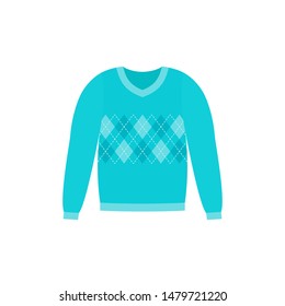 Sweater icon. Vector. Blue pullover. Knitted woolen jumper isolated on white background. Flat design. Warm clothes for autumn and winter with argyle rhombus print. Cartoon colorful illustration.