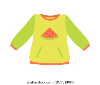 Sweater with image of watermelon and seeds, baby clothes of green color, poster with object for kids, vector illustration isolated on white background