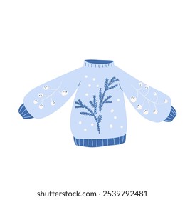 Sweater isolated on white background. Knitted pullover with evergreen tree branch holiday decor. Vector hand drawn flat illustration