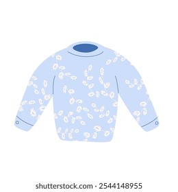 Sweater isolated on white background. Knitted blue pullover with holiday floral decor. Vector hand drawn flat illustration