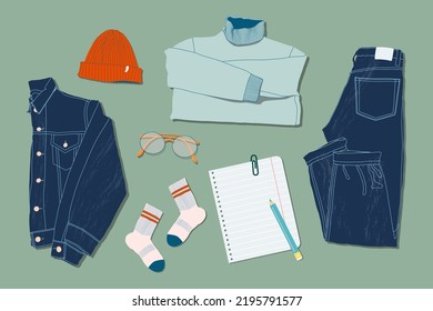 Sweater, jeans, denim jacket  glasses, socks, hat and note list flat lay style. Trendy top down view illustration. Autumn atmosphere. Modern minimalistic group of clothes design for web card, banner.