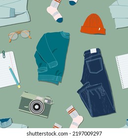 Sweater, jeans, film camera, glasses, socks, hat and note list flat lay style. Trendy top down view illustration. Seamless pattern. Modern minimalistic group of clothes design for web card, banner.