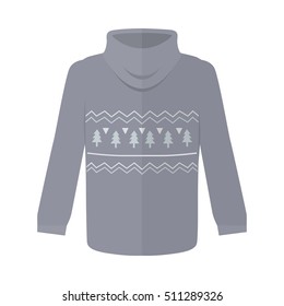 Sweater or jumper with fir tree icons isolated on white. Winter warm handmade sweater with throat, knitted jumper. Sweater icon. Unisex women men sweater in flat style design. Vector illustration