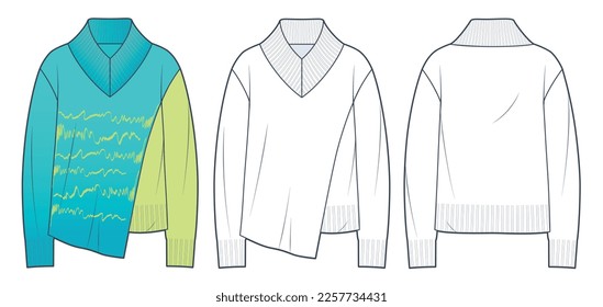 Sweater, Jumper technical fashion illustration. Asymmetric Sweatshirt fashion technical drawing template, overfit, v neck, front and back view, white, blue design, women, men, unisex CAD mockup set.