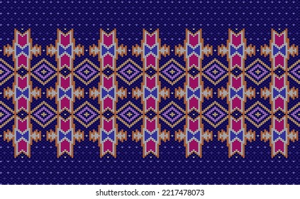 Sweater knitting pattern, Vector ethnic embroidery geometric background, Knitted abstract Navajo style, Pink and blue pattern geometry horizontal, Design for textile, fabric, cloth, print, wall art