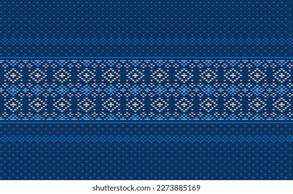 Sweater knitting pattern, Vector ethnic embroidery geometric background, Knitted abstract beautiful style, Blue pattern ethnic thread, Design for textile, fabric, batik, digital print, tapestries
